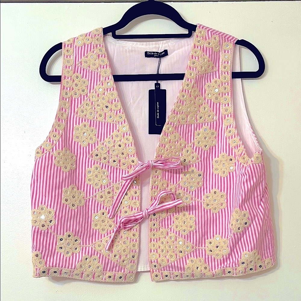 Pink Stripe Embellished Women's Vest